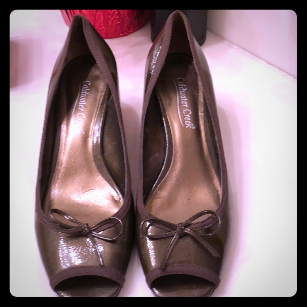 Bronze patent leather Peep Toe Wedges. Sz.  8 1/2